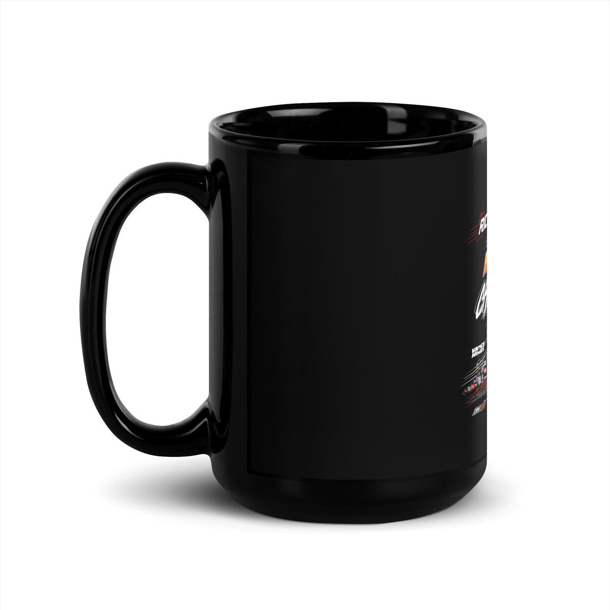 Glossy black mug with curved handle; small side logos and racing stripes