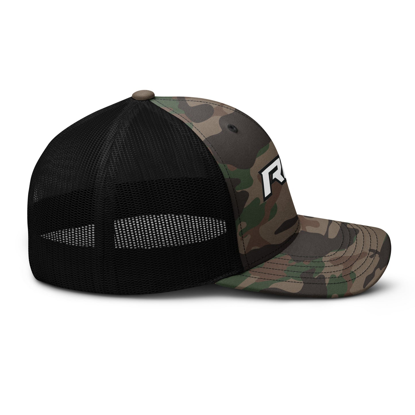 Camouflage and black trucker hat with mesh back and RG5 side logo