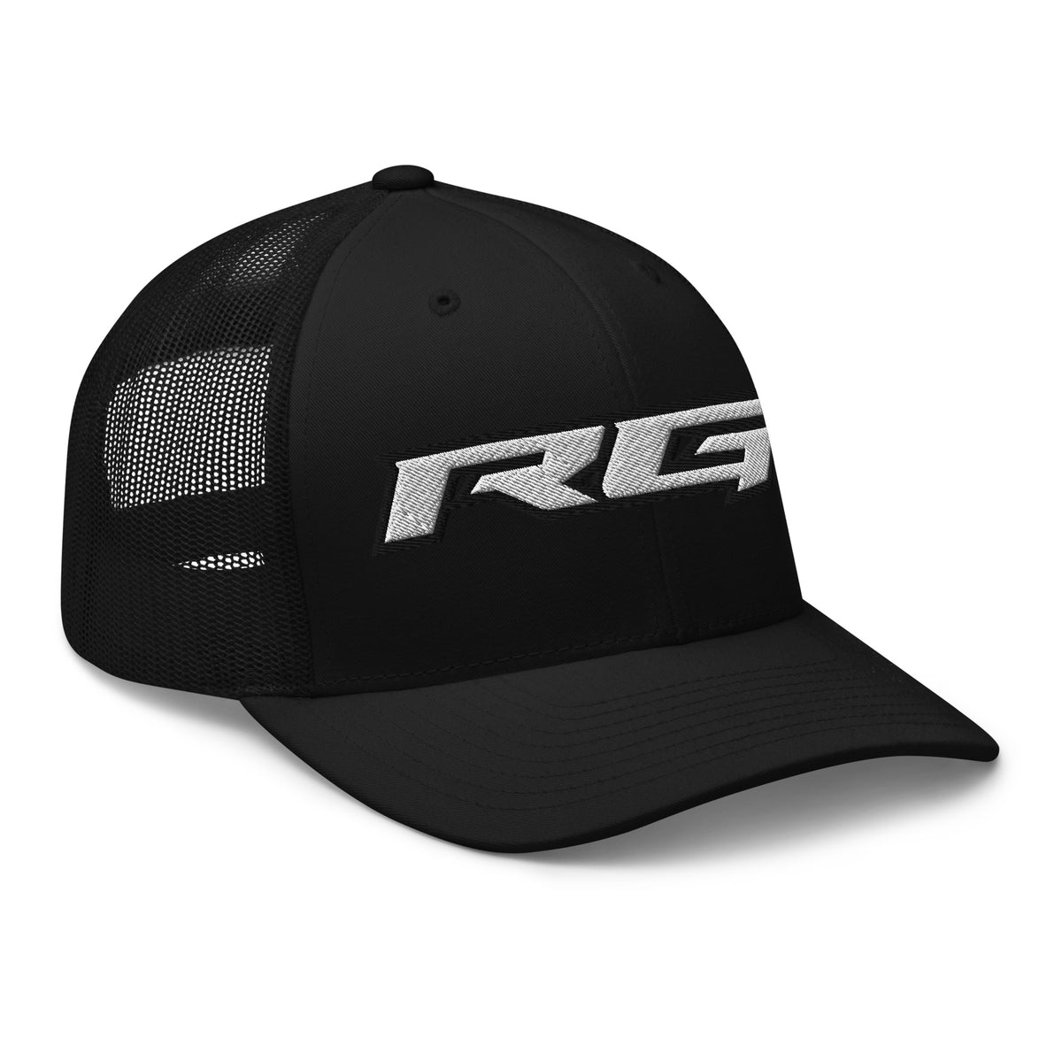 Black trucker cap with mesh panels and RC5 logo patch on front