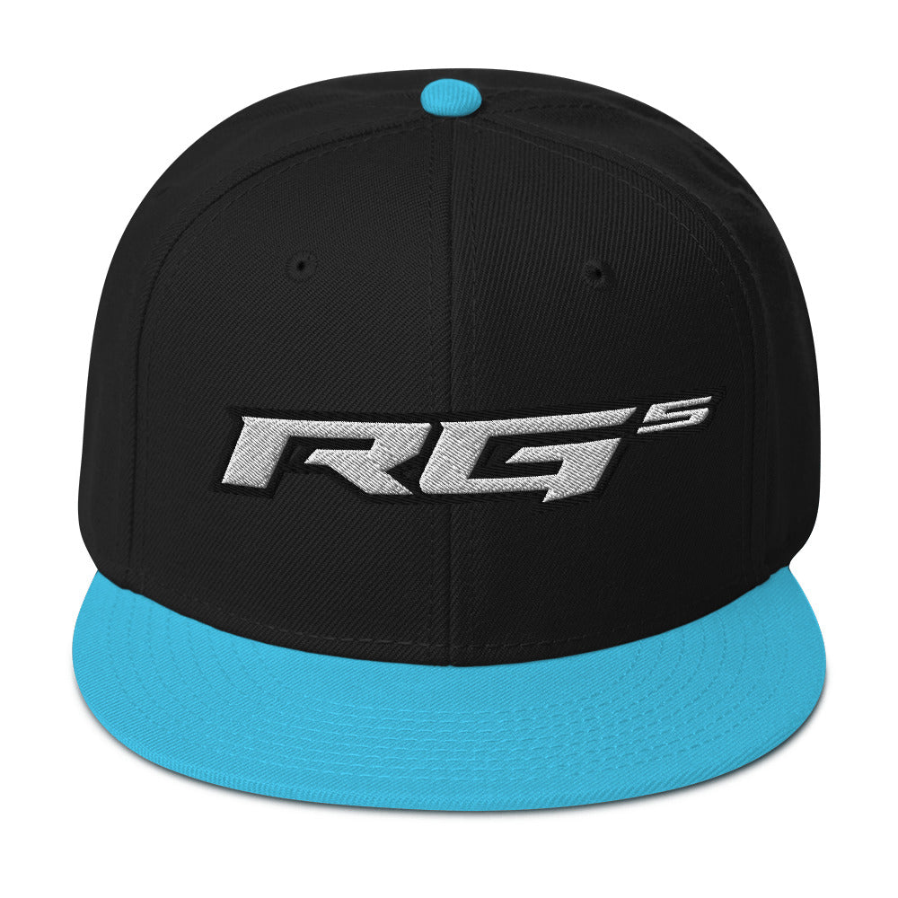 Snapback hat with RG5 logo, black crown and aqua blue brim, snapback style