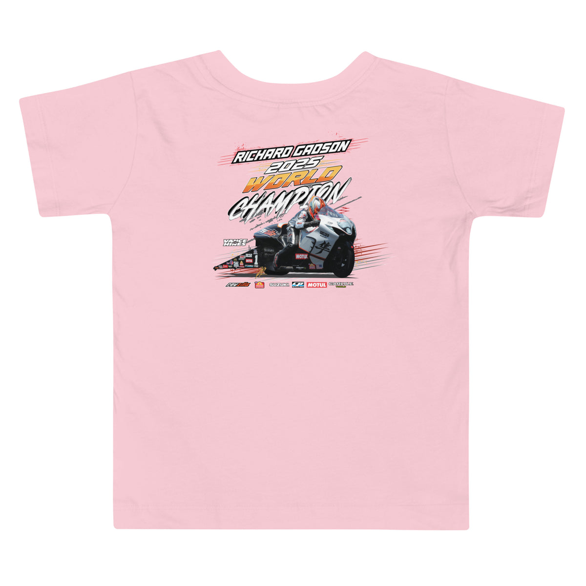 Toddler pink graphic tee shirt with racer championship design on front