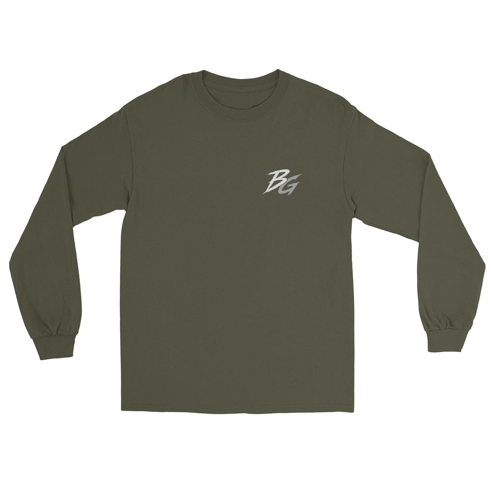 Military green unisex long-sleeve shirt with small chest BG logo