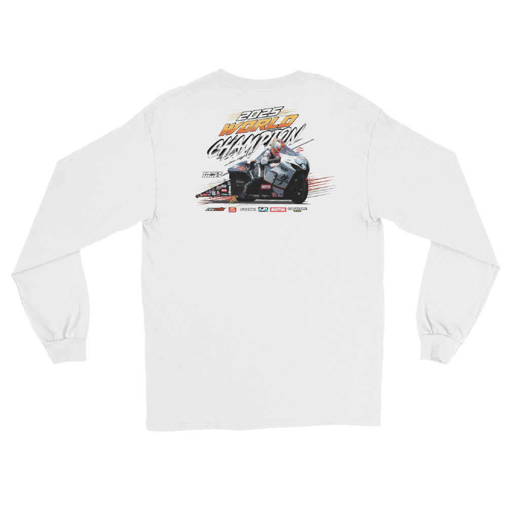 White long-sleeve championship shirt with large back graphic print