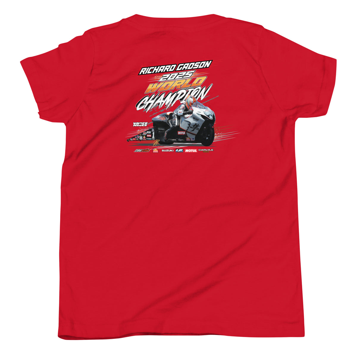 Red youth T-shirt with back racing championship print, crew neck