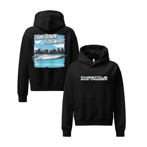Black women’s relaxed hoodie with front pocket; back graphic print.