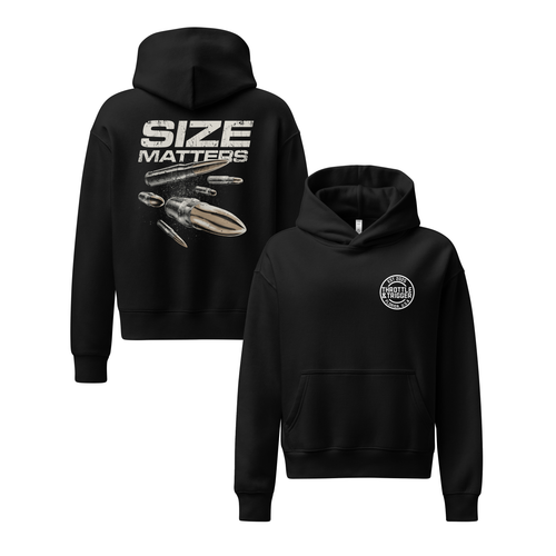 Black relaxed hoodies; left back graphic, right chest logo