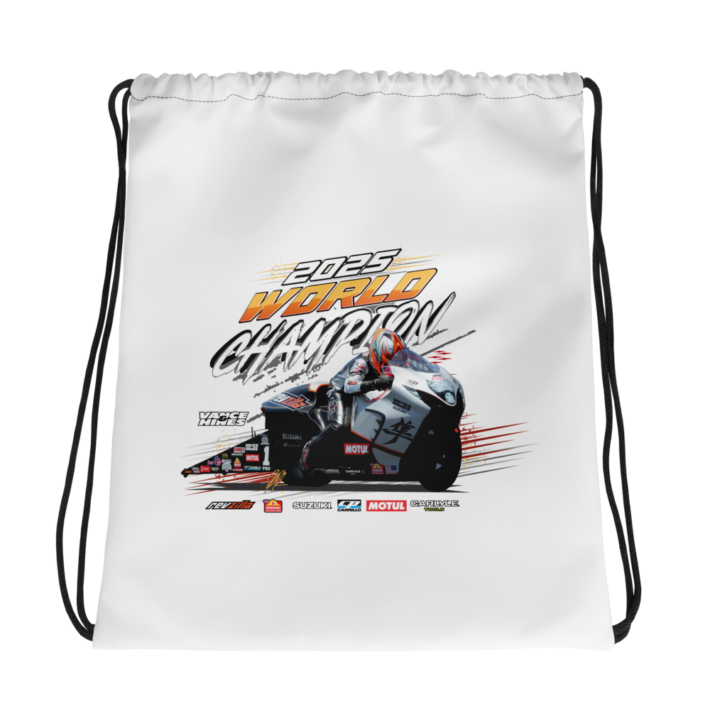 White drawstring bag with colorful motorsport graphic and text design