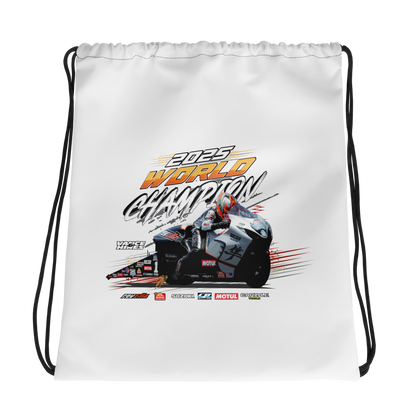White drawstring bag with colorful motorsport graphic and text design