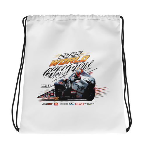 White drawstring bag with colorful motorsport graphic and text design
