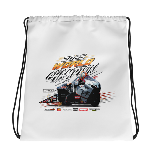 White drawstring bag with colorful motorsport graphic and text design