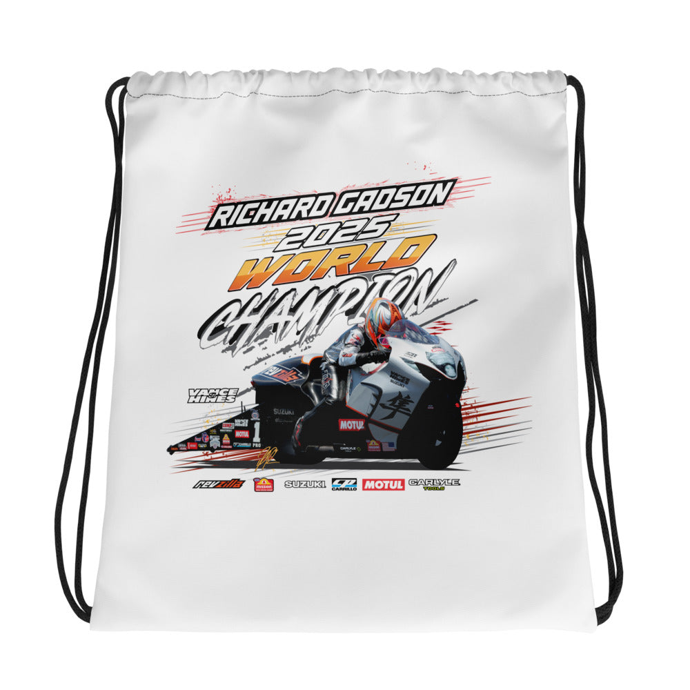 White drawstring bag with colorful racing championship graphic