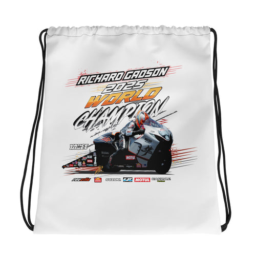 White drawstring bag with colorful racing championship graphic