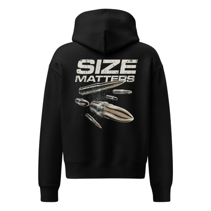 Black relaxed hoodie with large 'SIZE MATTERS' back graphic