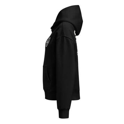 Black relaxed hoodie with hood and small sleeve logo patch