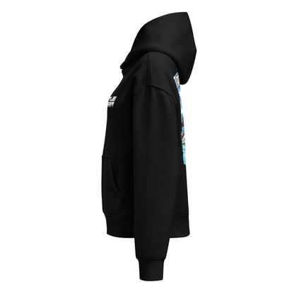 Black women’s relaxed hoodie side view with hood; sleeve graphic detail visible.