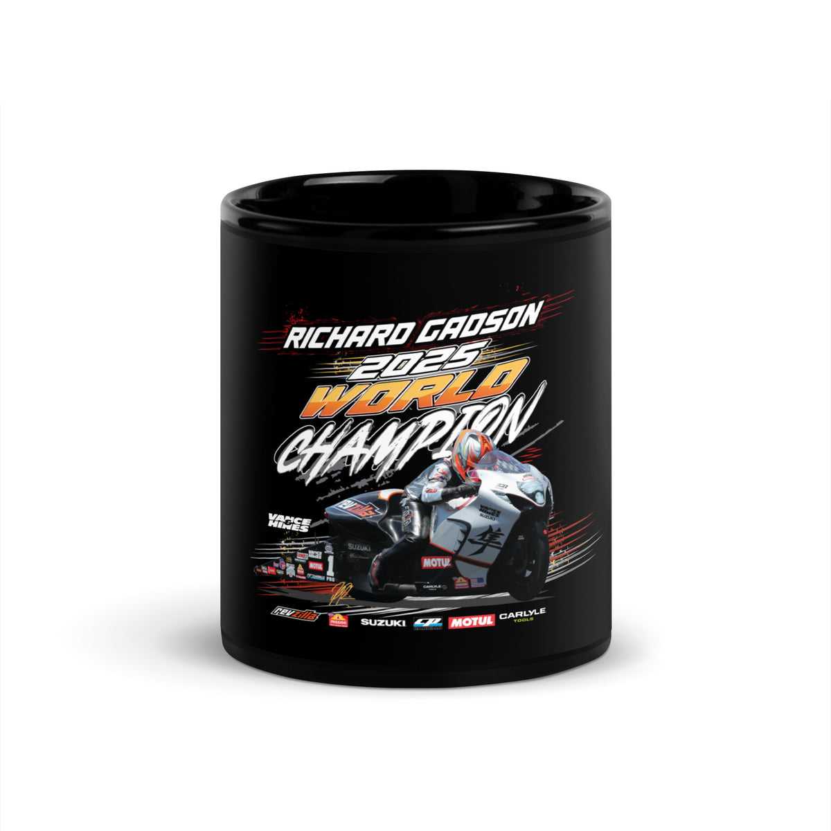 Glossy black mug with Richard Gadsden 2025 World Champion racing graphic