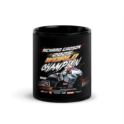 Glossy black mug with Richard Gadsden 2025 World Champion racing graphic