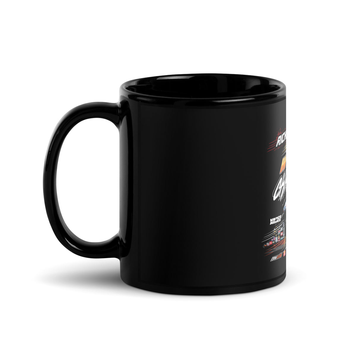 Glossy black mug with curved handle; side shows partial racing text and logos