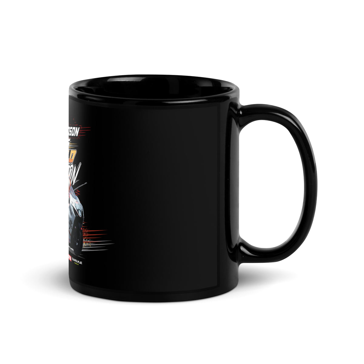 Glossy black mug with curved handle and partial racing graphic on side
