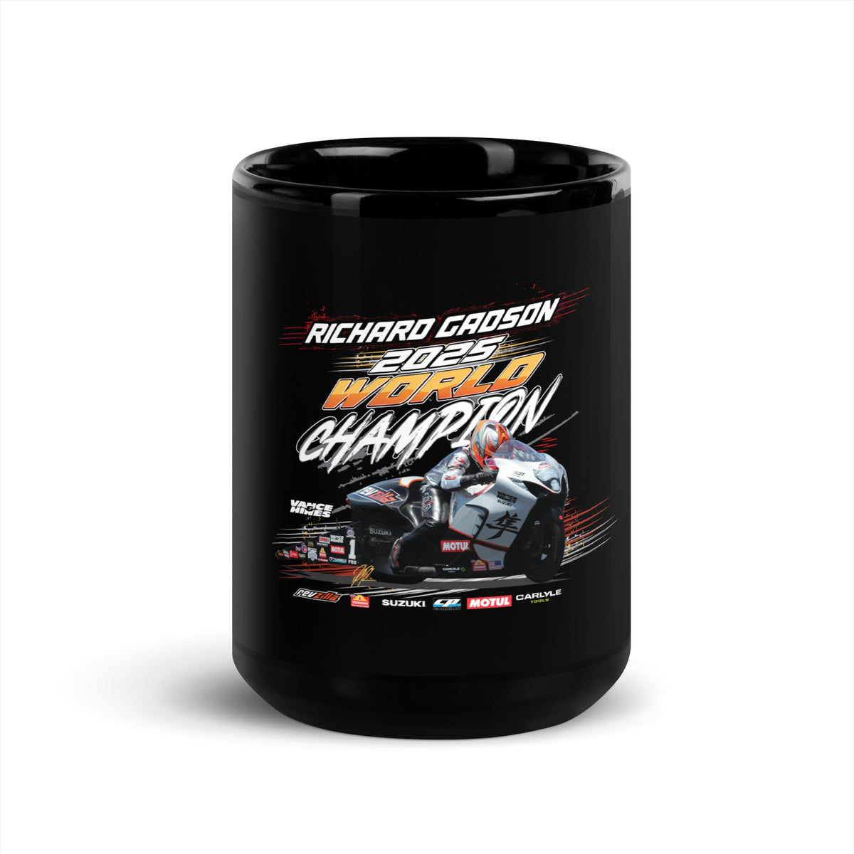 Glossy black mug with Richard Gadsden 2025 World Champion artwork and racecar