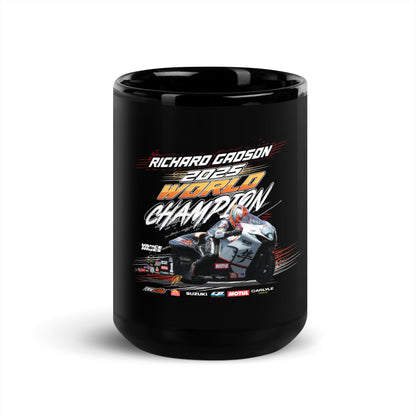Glossy black mug with Richard Gadsden 2025 World Champion artwork and racecar