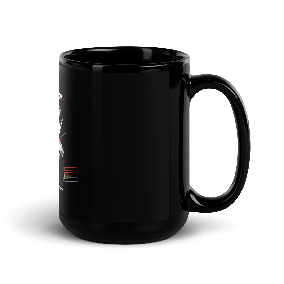 Glossy black mug with curved handle and partial racing graphic on side