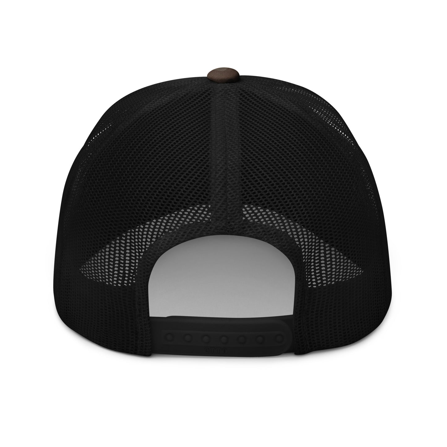 Black trucker hat with brown button, mesh back panels, and adjustable strap