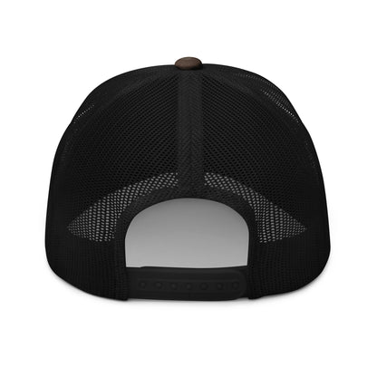 Black trucker hat with brown button, mesh back panels, and adjustable strap