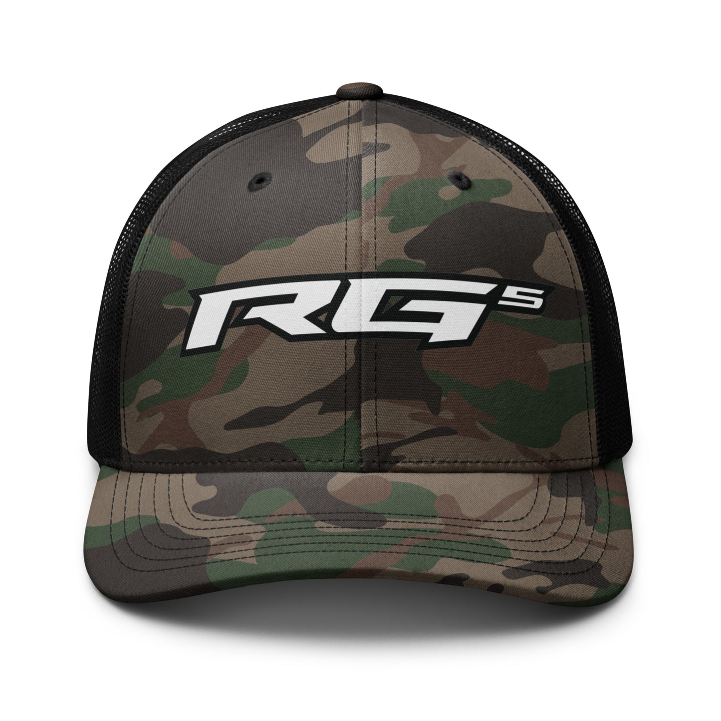 RG5 camouflage trucker hat with front logo and black mesh sides