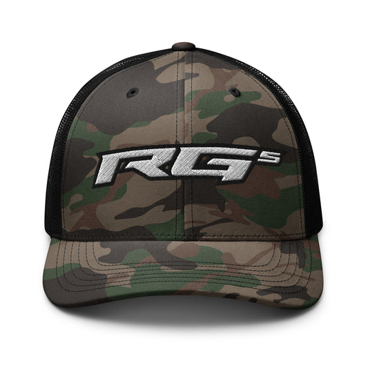 Camouflage trucker hat with black mesh panels and bold white FG logo on front