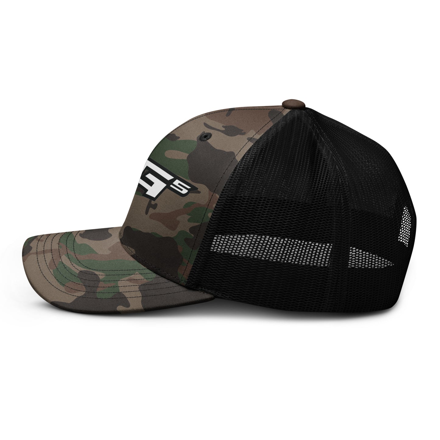 Camouflage trucker cap with black mesh back and curved brim
