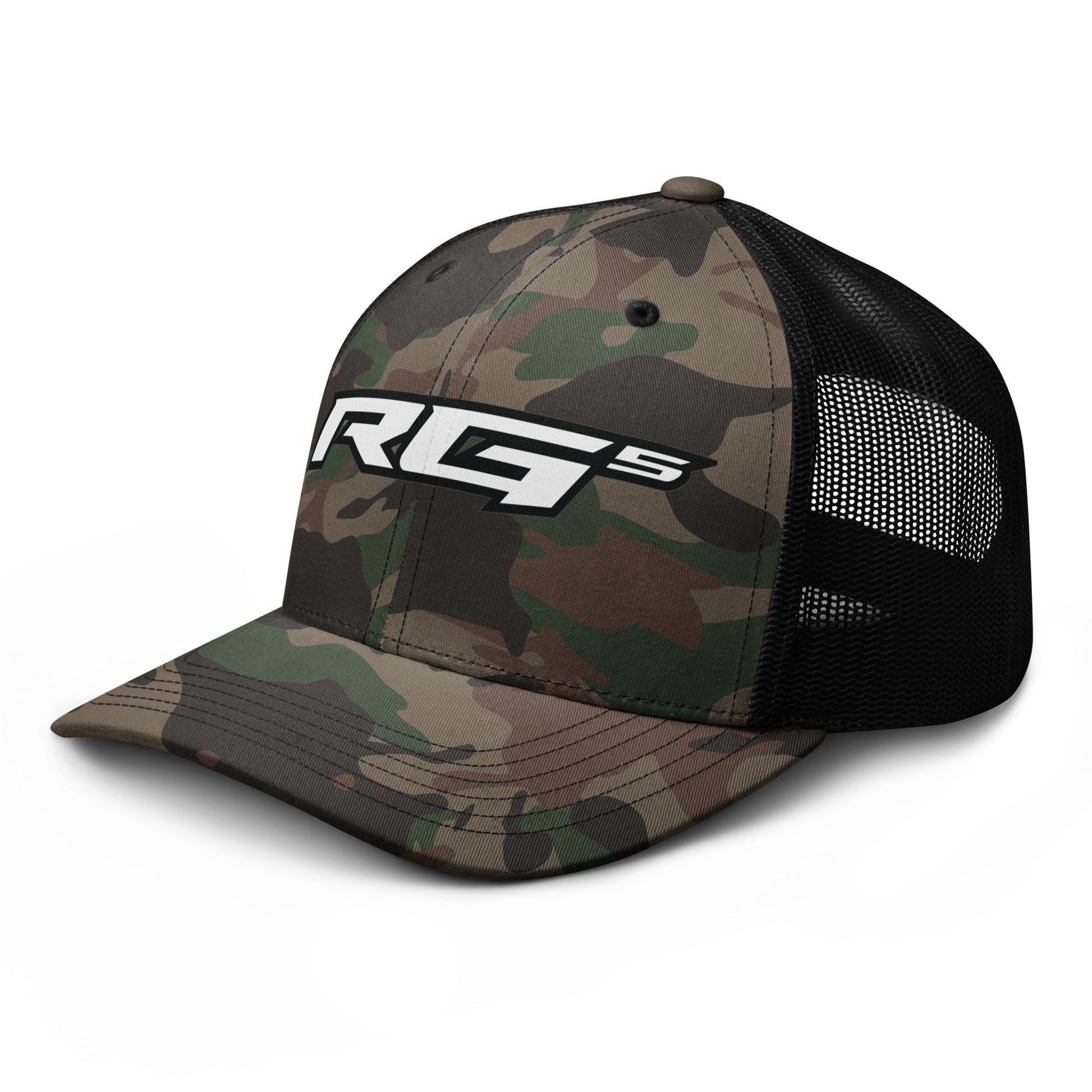 Camouflage trucker cap with RG5 front logo, curved brim, and black mesh side