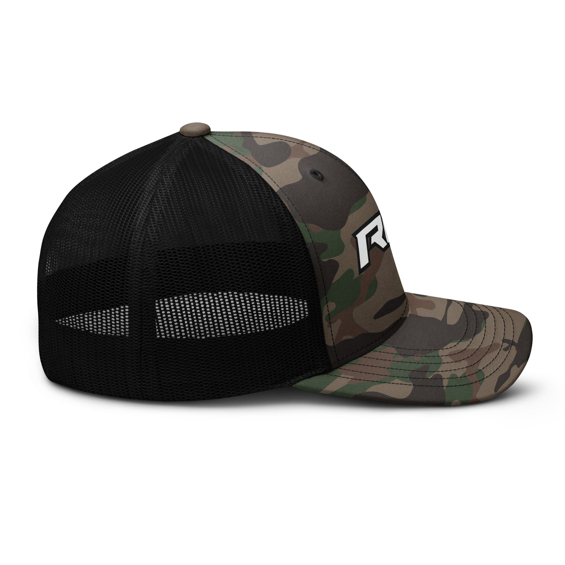 Camouflage and black trucker hat with mesh back and RG5 side logo