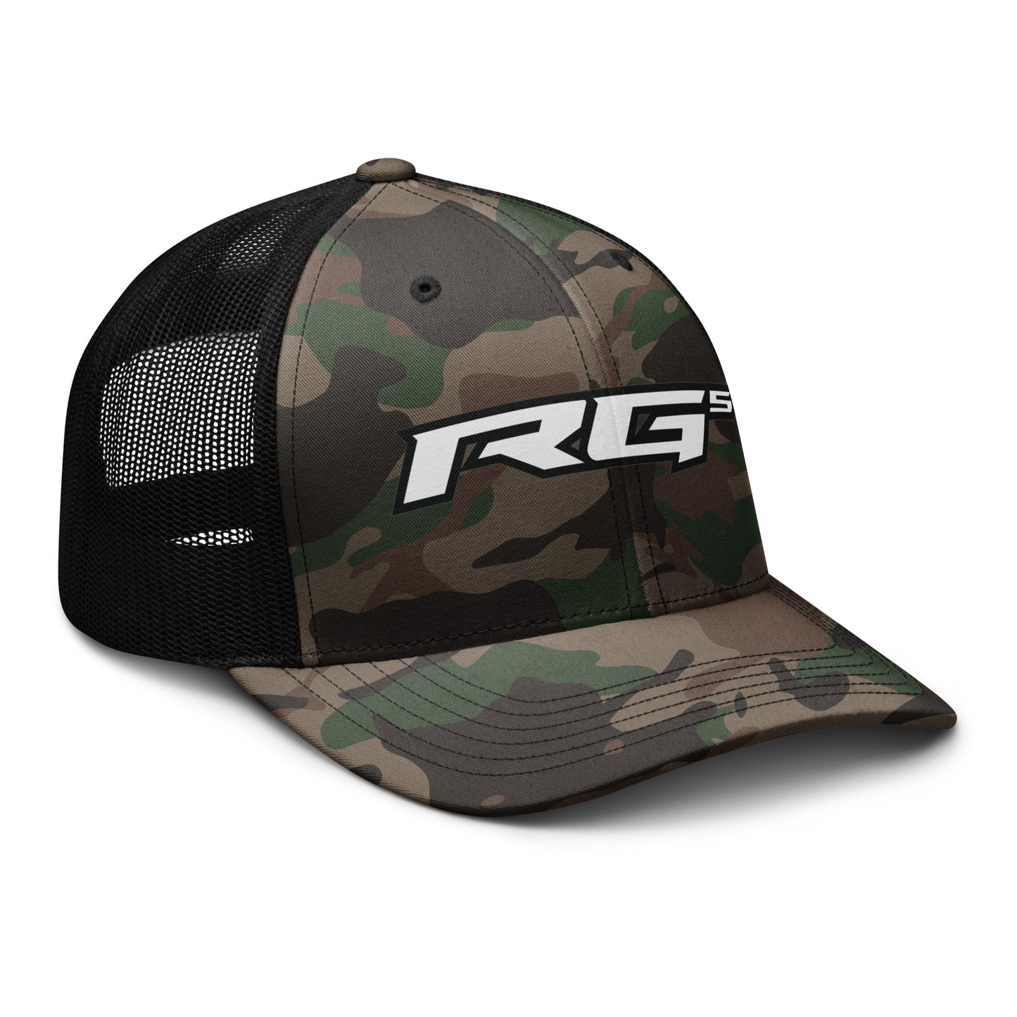 Camouflage trucker hat with RG5 front logo and black mesh side panels