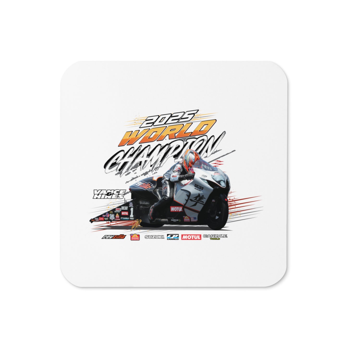 Square cork-back coaster with white top and racing motorcycle graphic