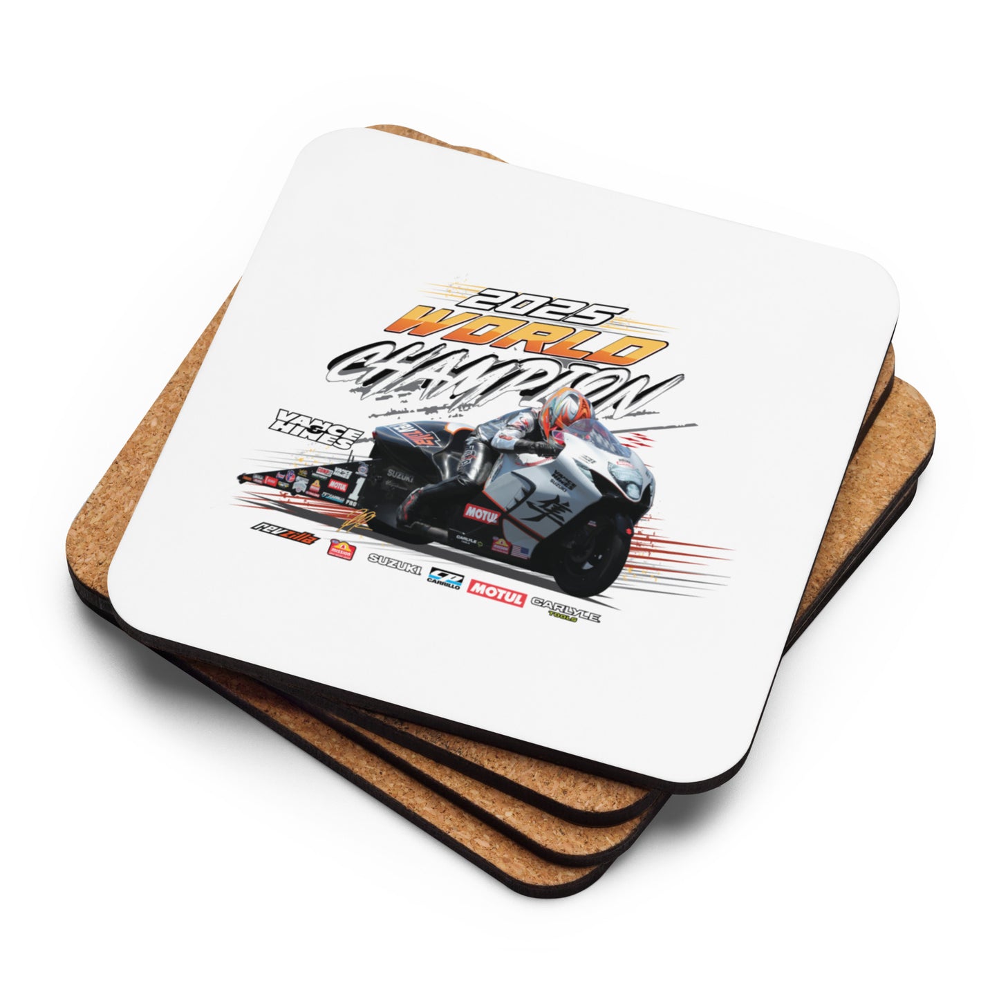 Stack of square cork-back coasters with white tops and racing motorcycle graphic