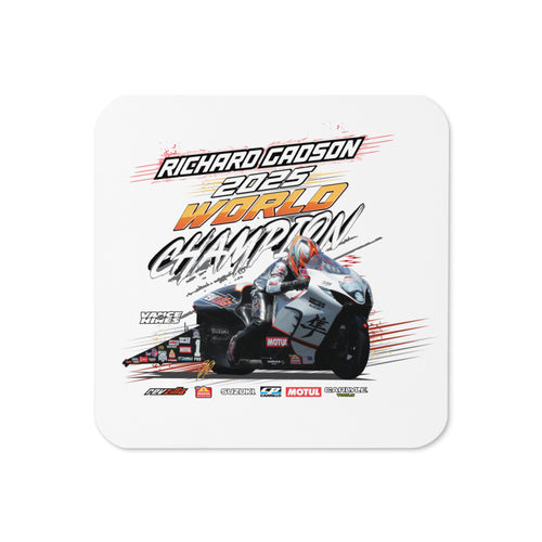 Square cork-back coaster with racing championship graphic