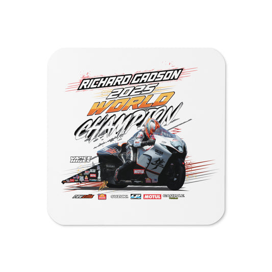 Square cork-back coaster with racing championship graphic
