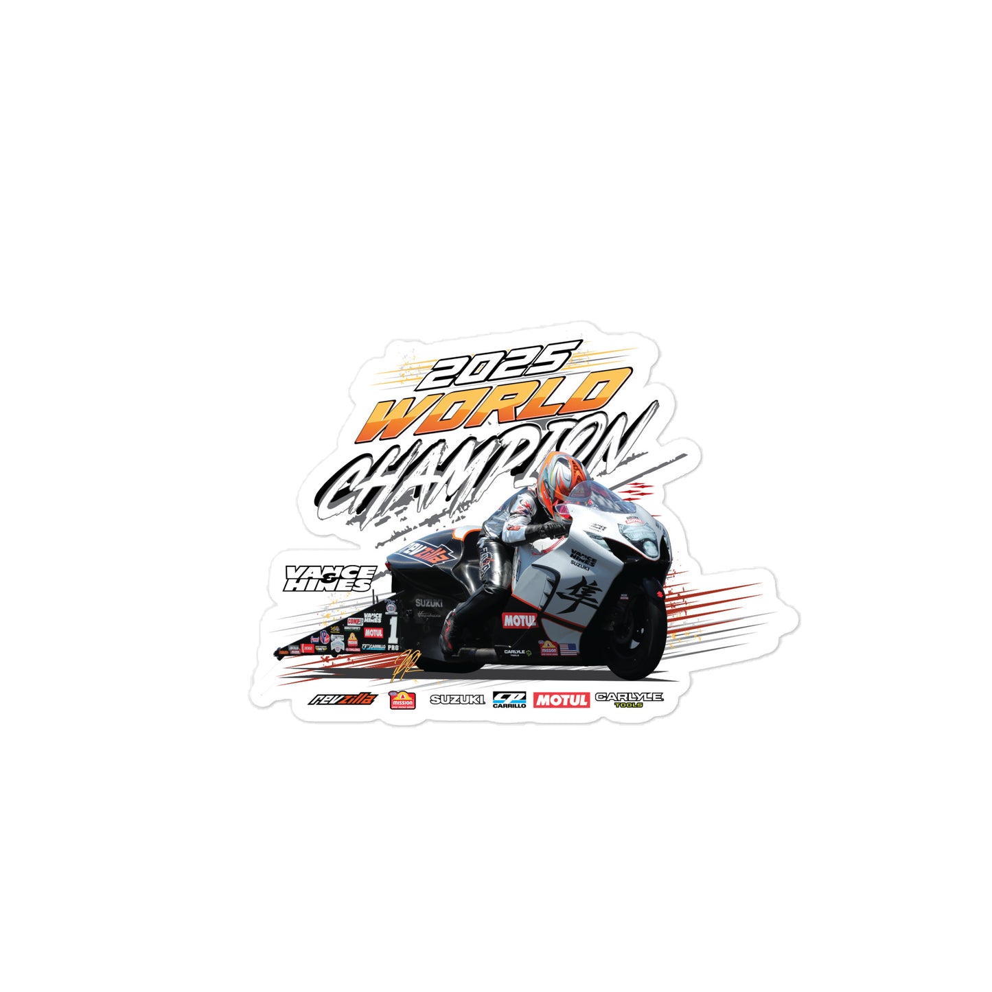 Race championship die-cut sticker with motorcycle rider and 2025 World Championship text