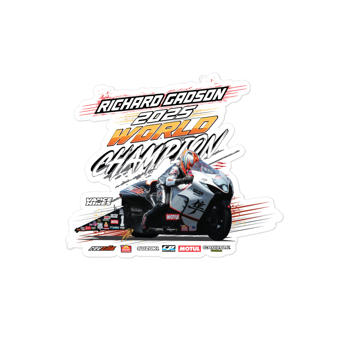 Die-cut racing sticker with motorbike rider and 2025 World Champion text