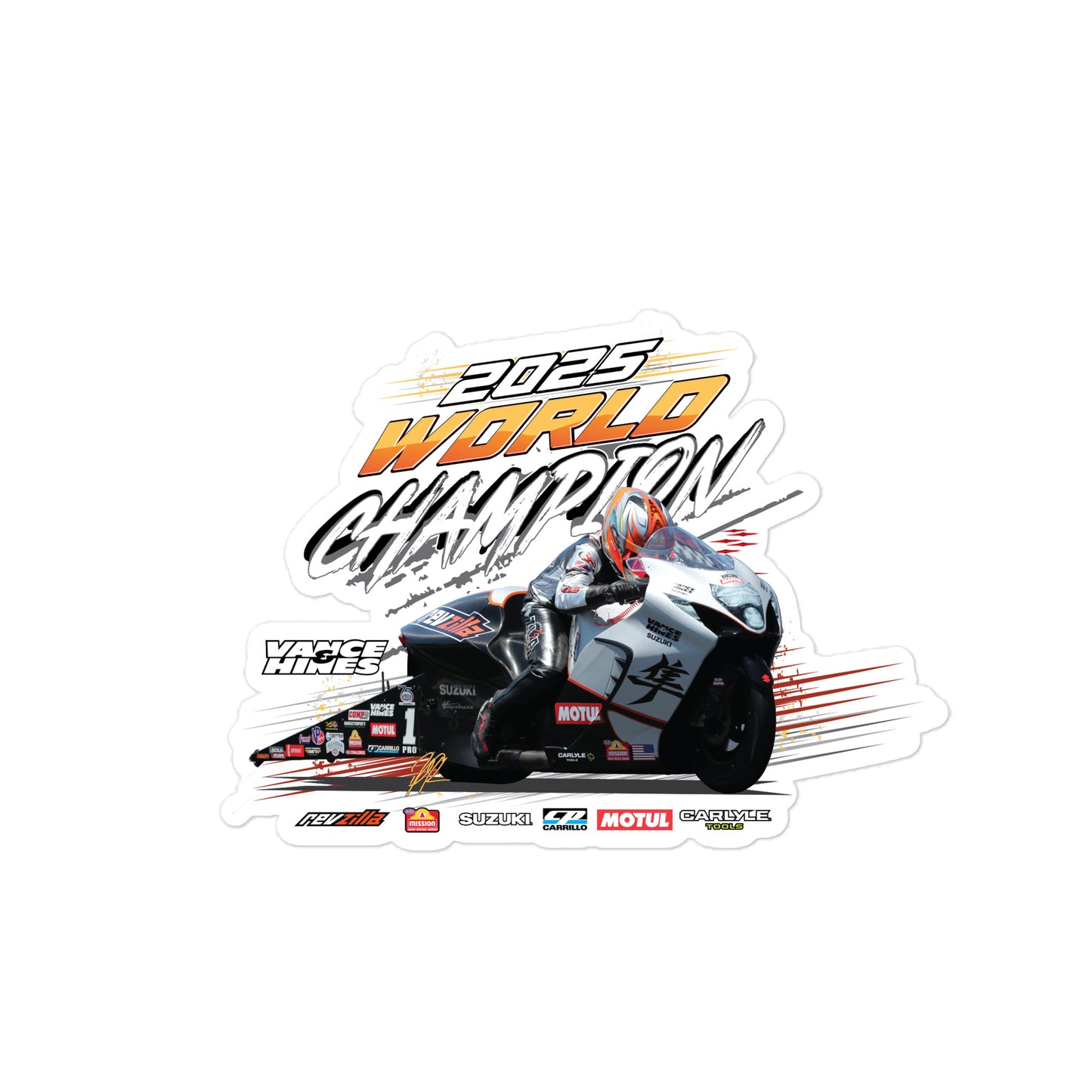 Race championship die-cut sticker with motorcycle rider and orange 2025 World Championship