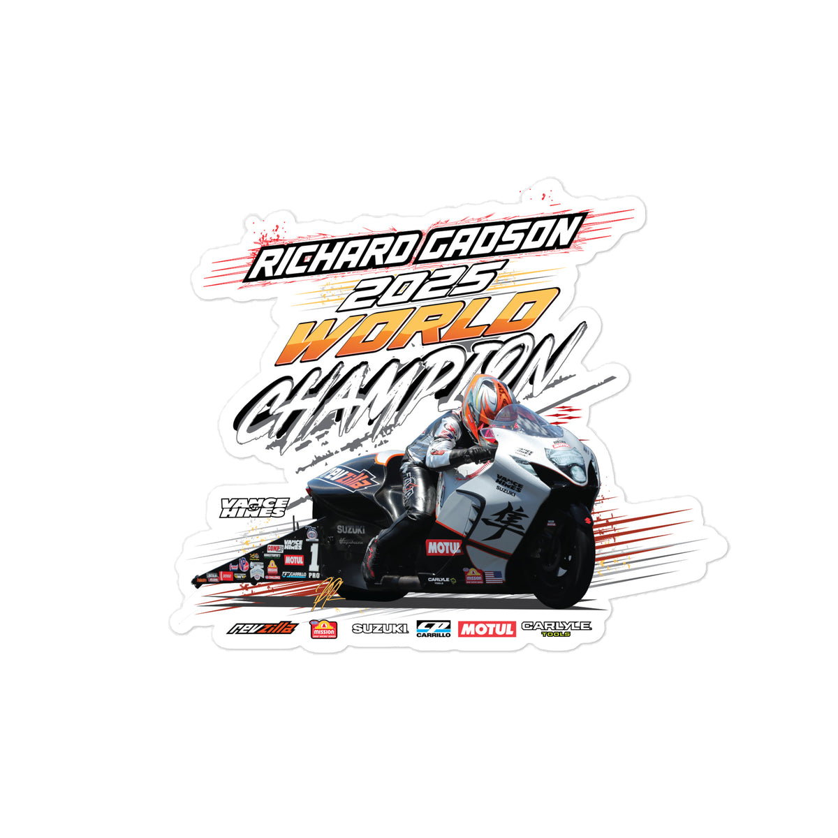 Die-cut racing sticker with RICHARDCADSON 2025 WORLD CHAMPION text and bike