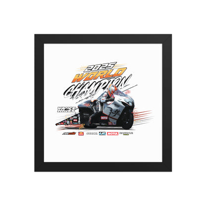 Black-framed racing championship poster showing motorcycle artwork with 2025 World Champion text