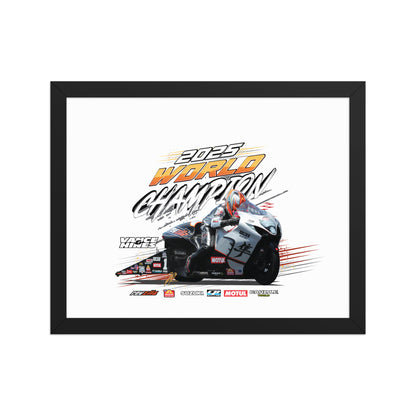 Black-framed racing poster featuring a motorcycle rider graphic with 2025 World Champion lettering