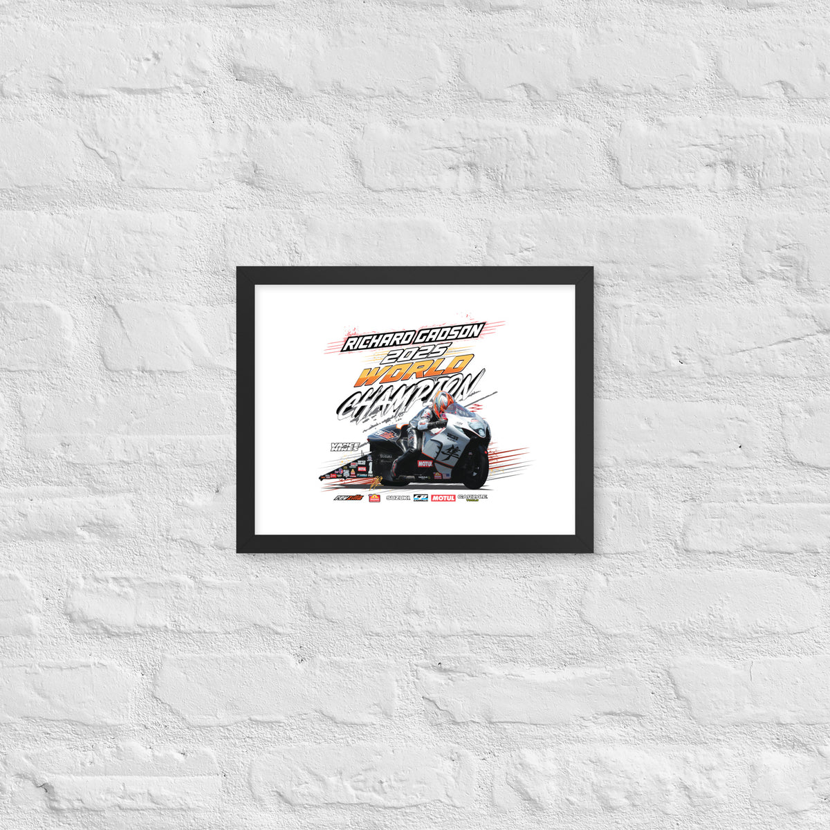 Framed racing championship poster with car race artwork and stylized title, black frame.
