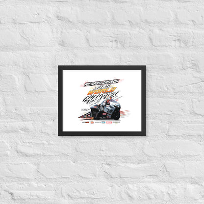 Framed racing championship poster with car race artwork and stylized title, black frame.