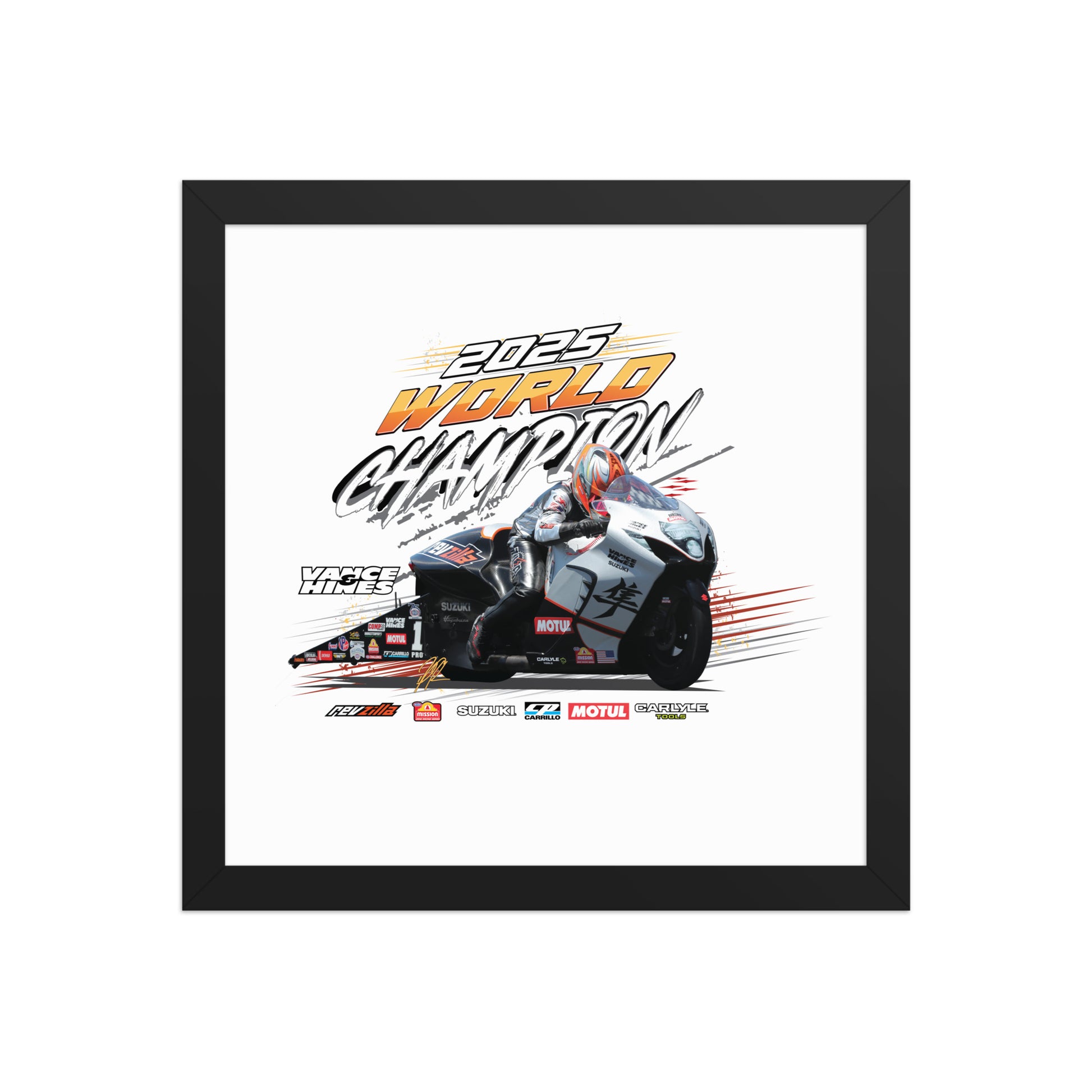 Black-framed racing championship poster with motorcycle action art and 2025 World Champion title