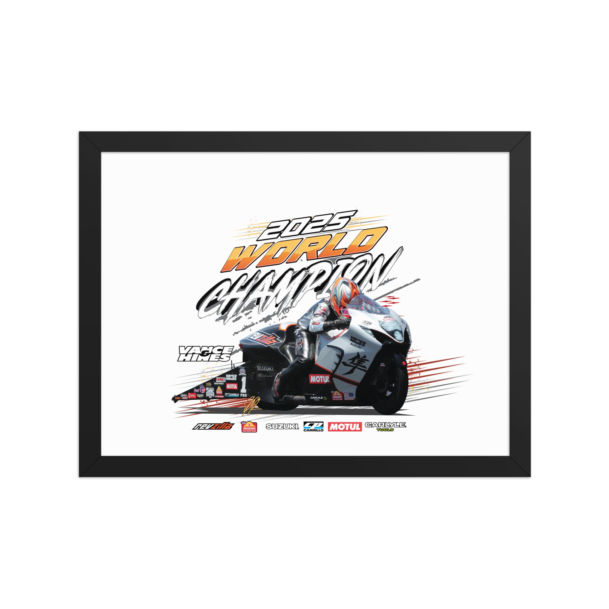 Black-framed racing poster with centered motorcycle illustration and bold 2025 World Champion text