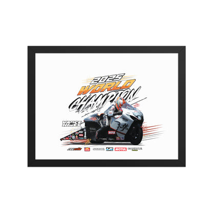 Black-framed racing poster with centered motorcycle illustration and bold 2025 World Champion text