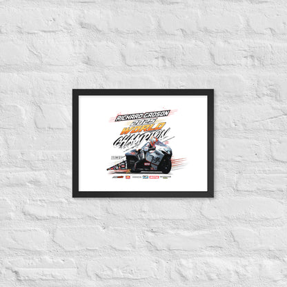 Framed racing poster with black border showing a motorcycle and race car graphic with bold title